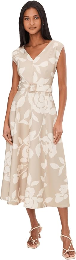 Sleevless Scuba Floral Belted Aline