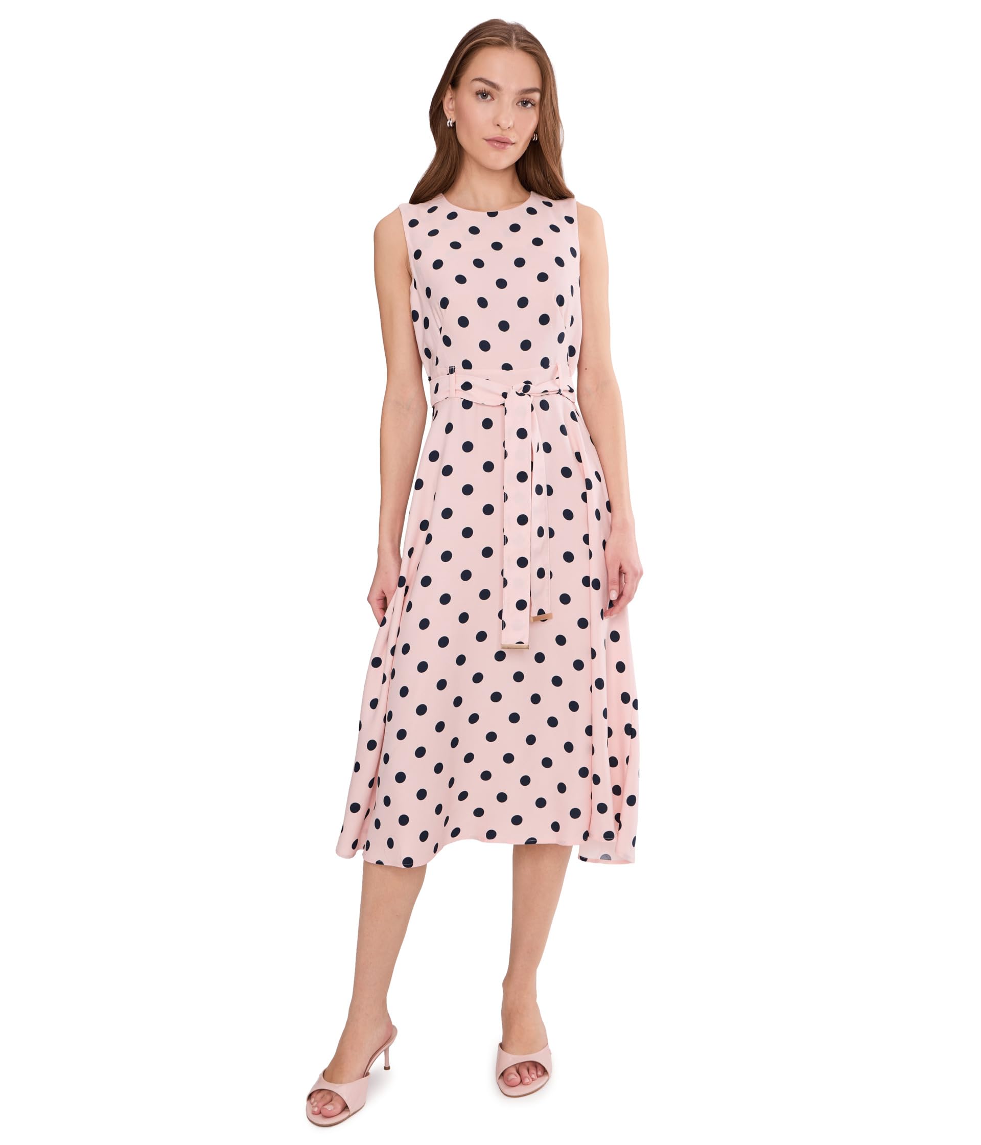Sleeveless Dot Crepe Polka Dot Self Tie Midi Aline