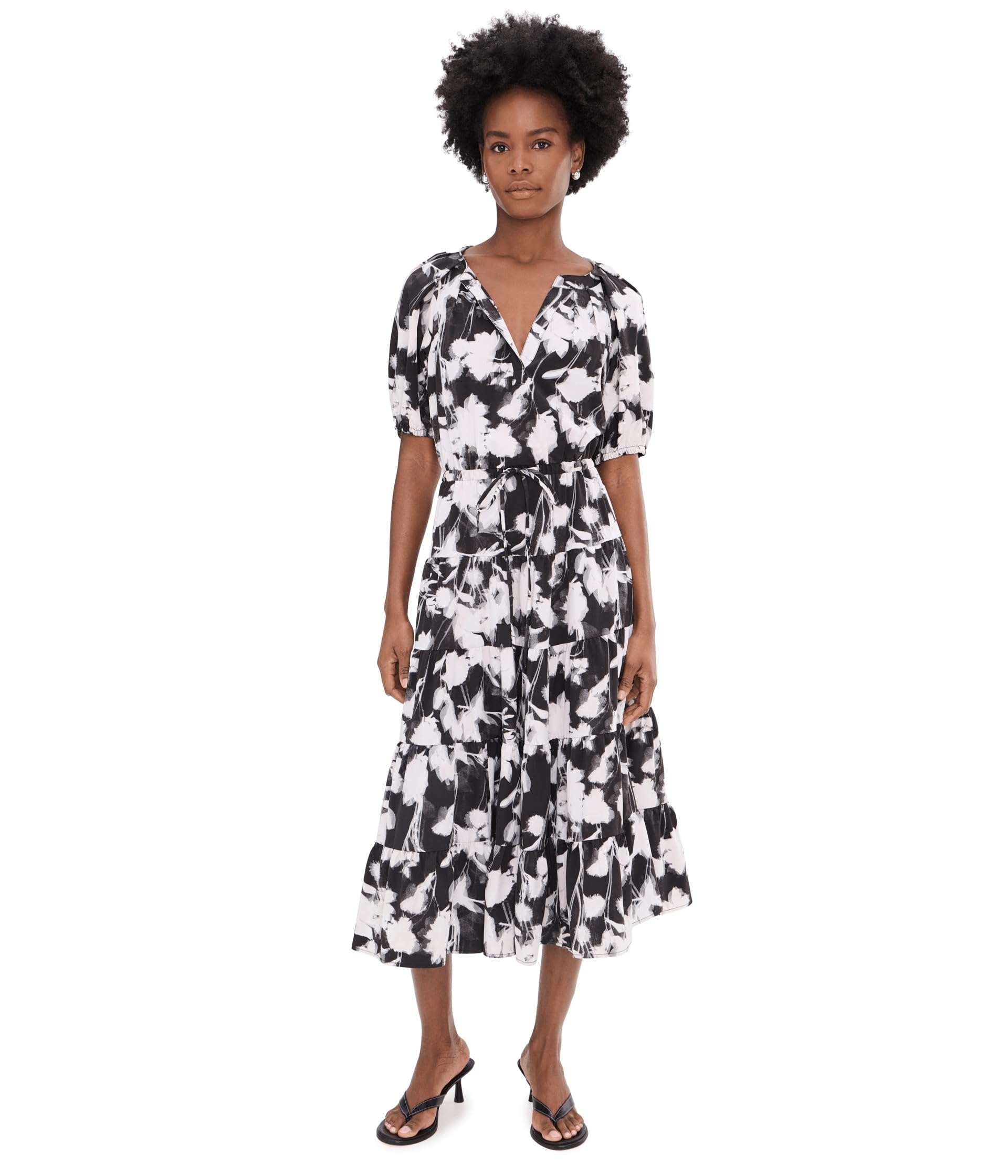 Puff Sleeve Commuter Floral Tiered Midi