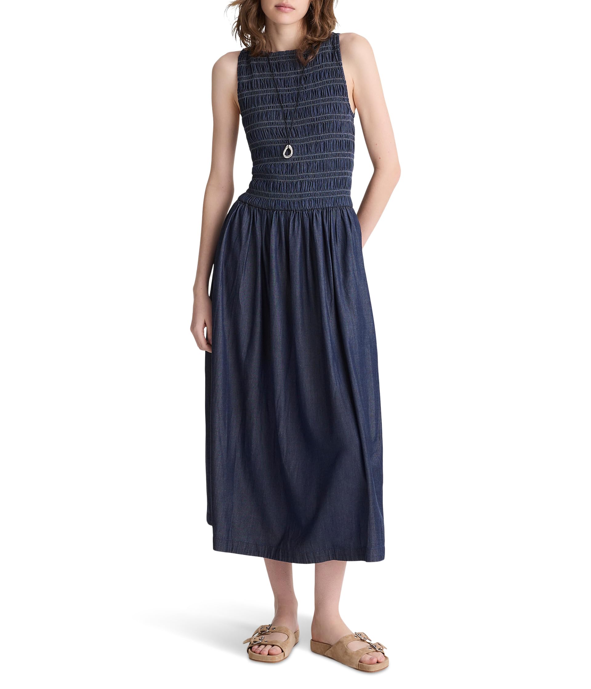 Denim Smocked Boatneck Maxi Dress