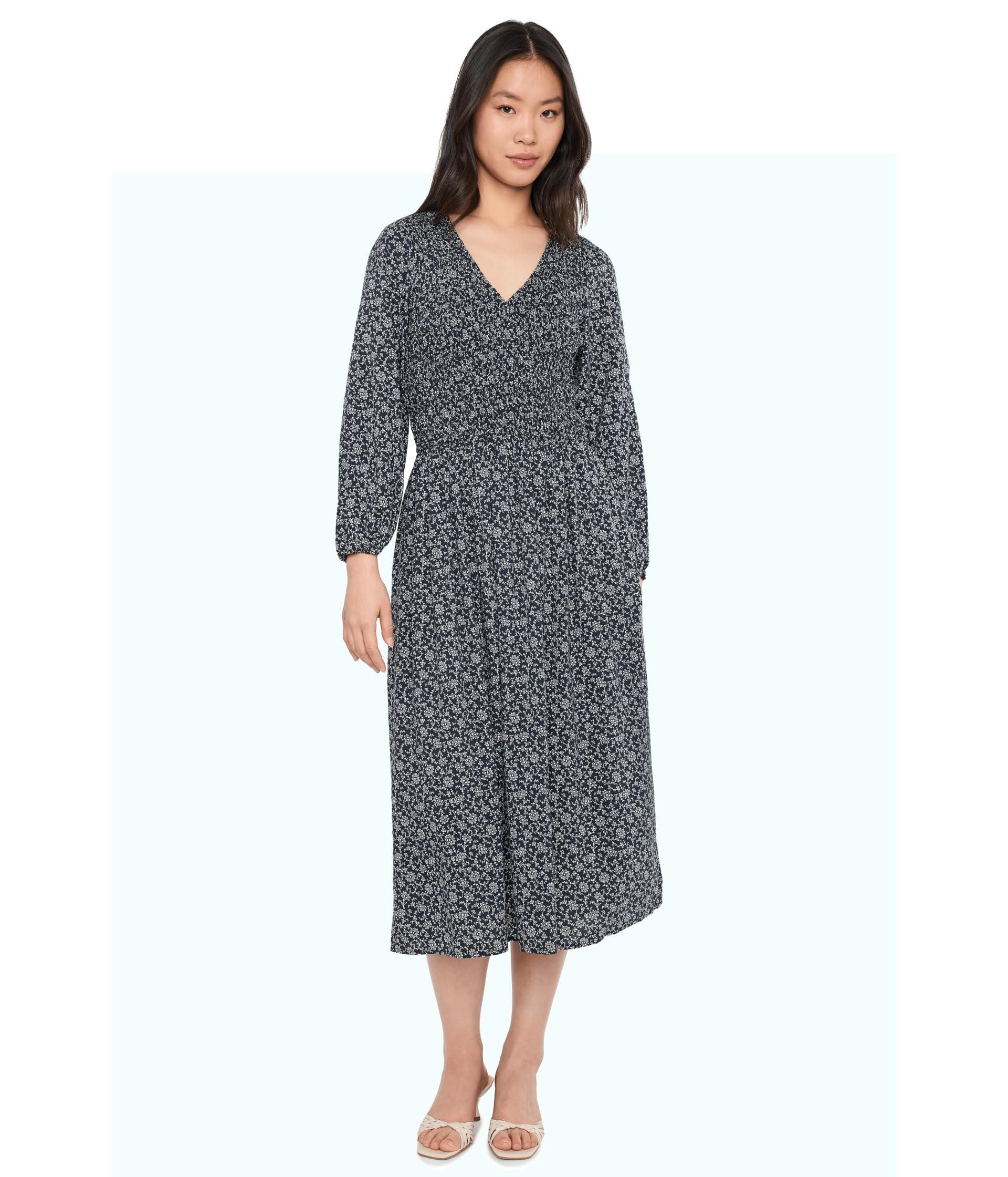 Smocked V-Neck Midi Dress
