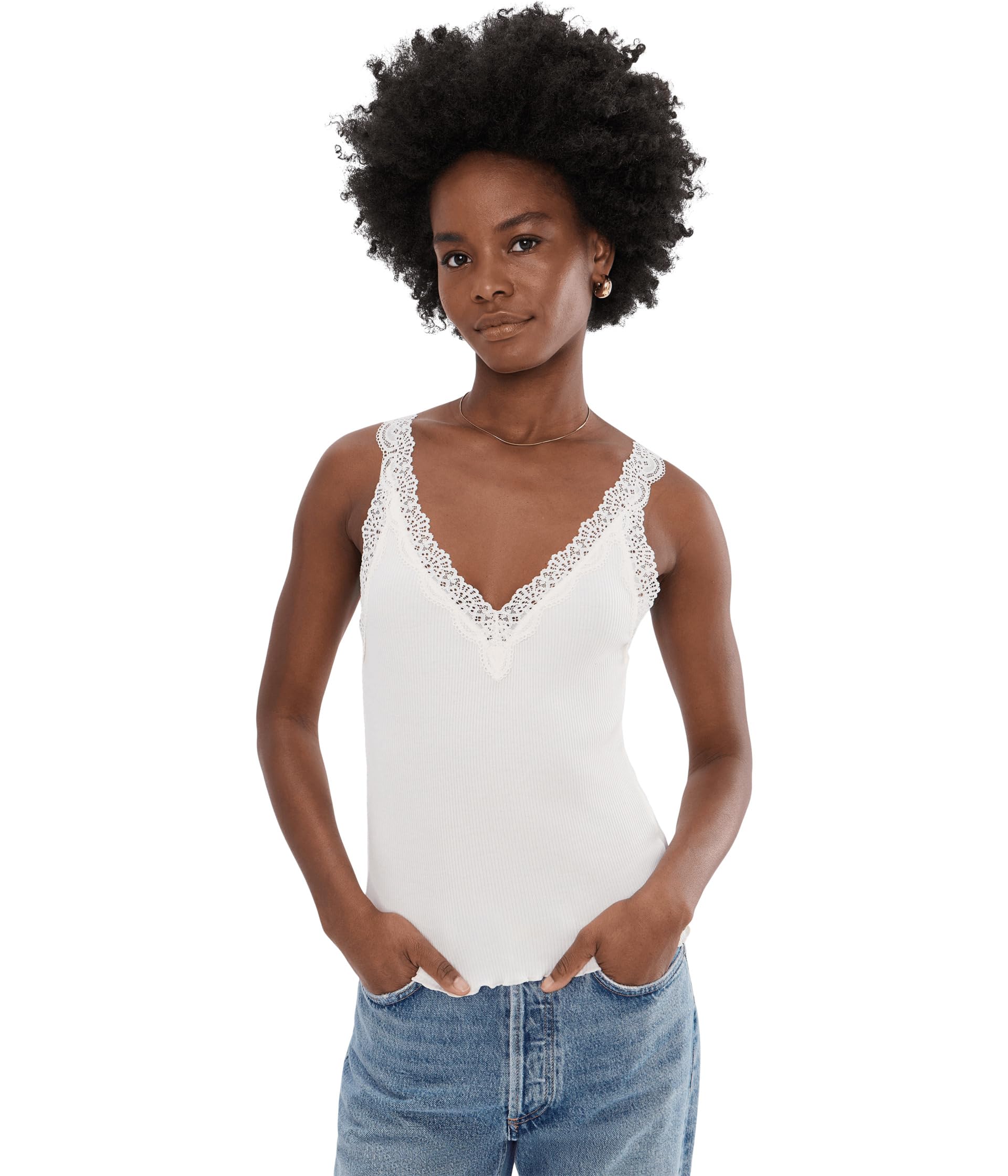 Lace-Trim Ribbed V-Neck Tank