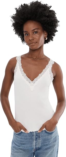 Lace-Trim Ribbed V-Neck Tank