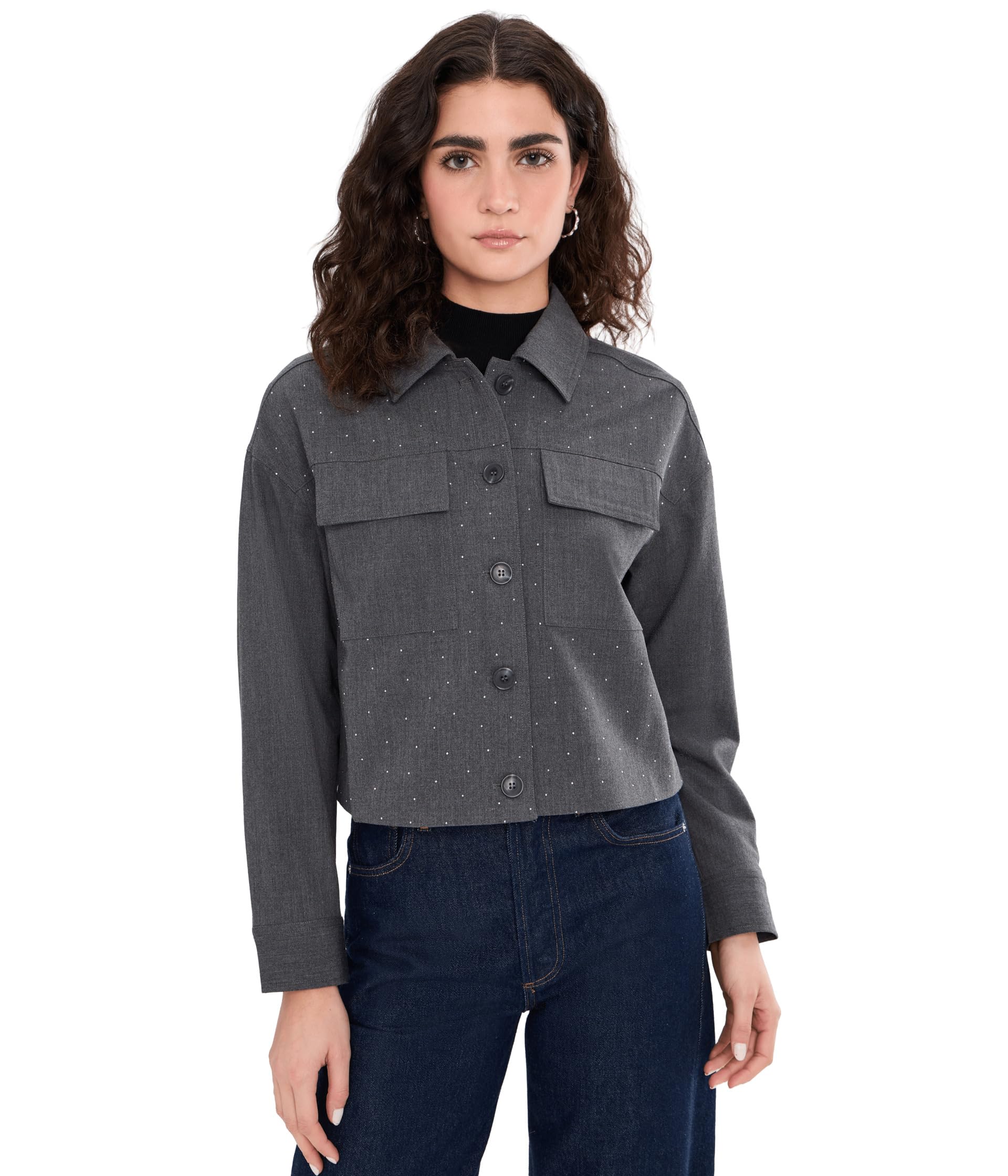Cropped Button-Up Shacket with Pockets