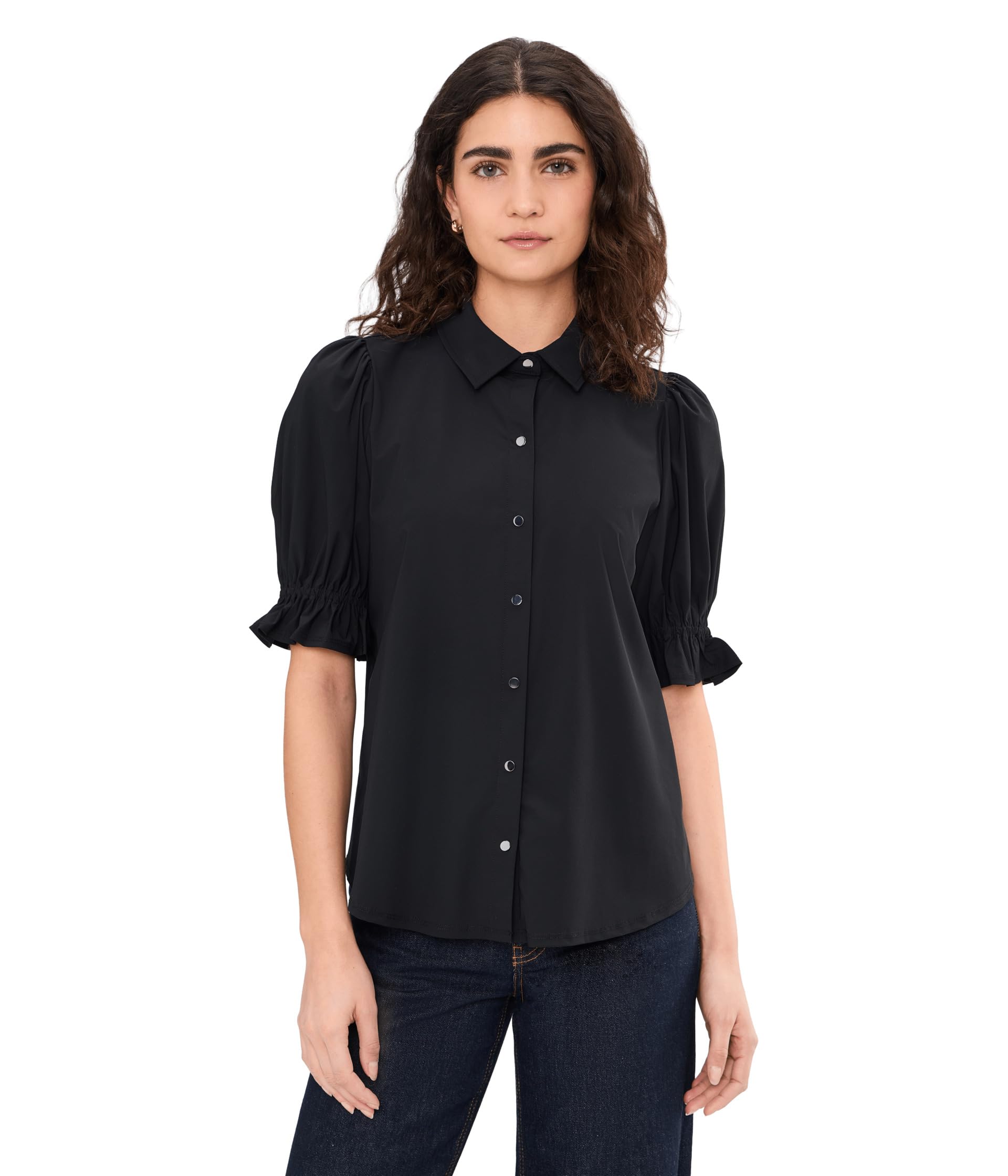 Elbow Puff Sleeve Snap Front Knit Shirt Liverpool Los Angeles Женский