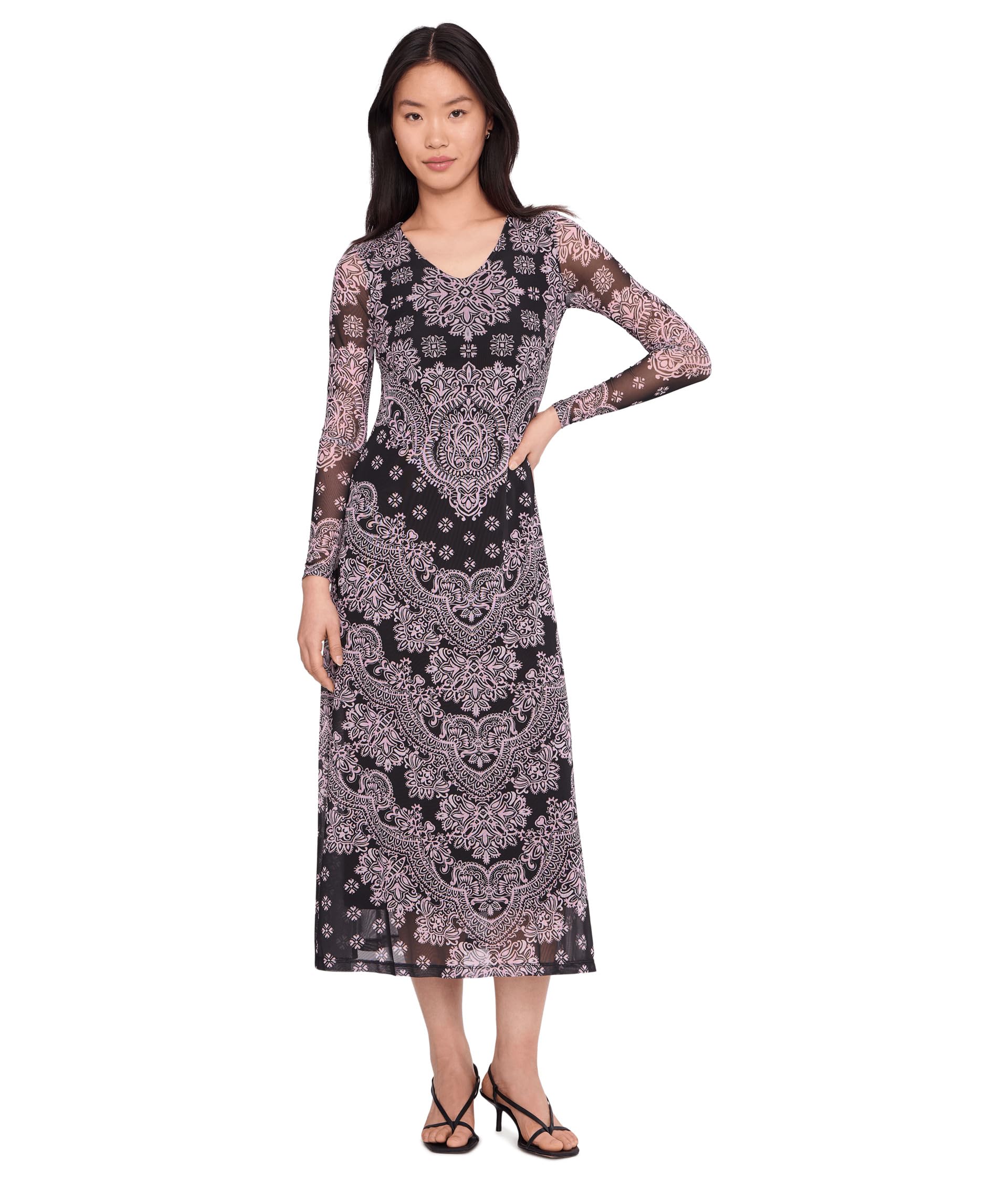 Long Sleeve V-Neck Mesh Midi Dress