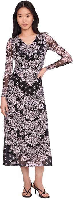 Long Sleeve V-Neck Mesh Midi Dress
