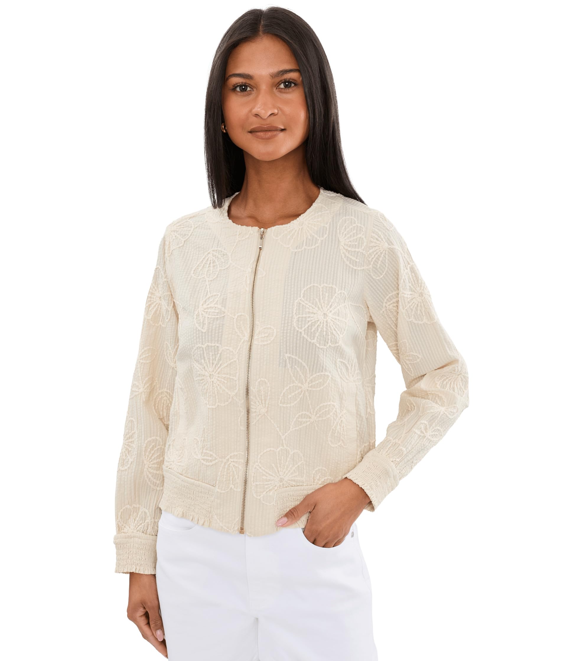 Long Sleeve Collarless Jacket With Smocking