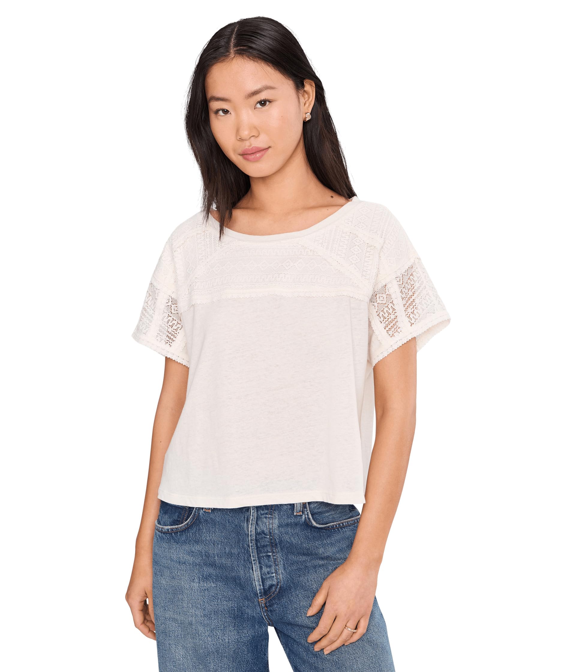 Short Sleeve Dolman Boat Neck Knit Top With Lace