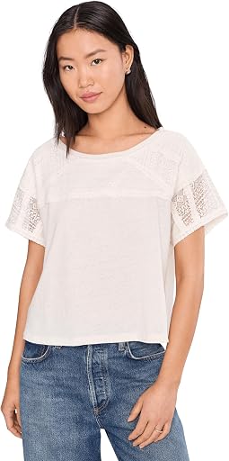 Short Sleeve Dolman Boat Neck Knit Top With Lace