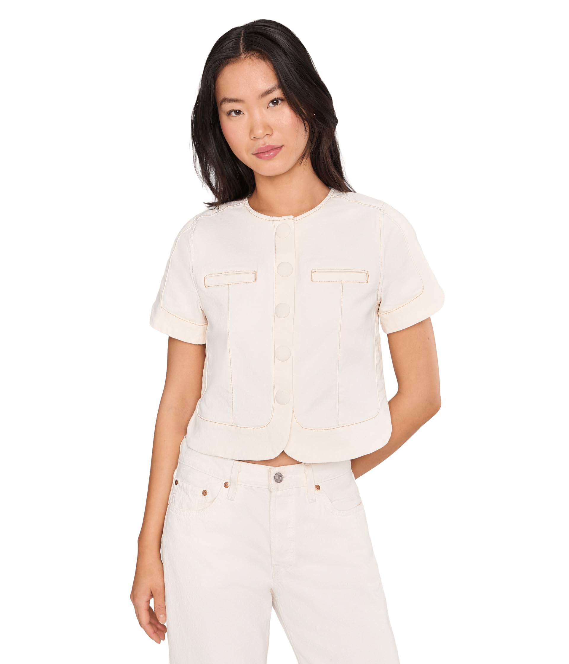 Collarless Short Sleeve Cropped Denim Jacket