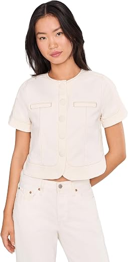 Collarless Short Sleeve Cropped Denim Jacket