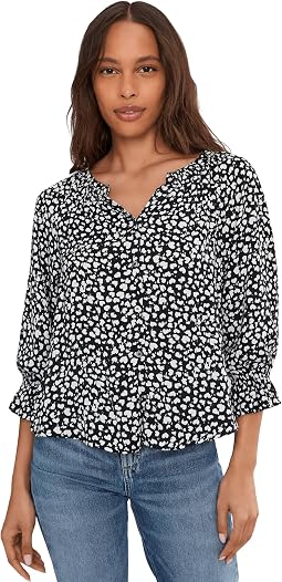 3/4 Sleeve Button Front Woven Top With Ruffle Details