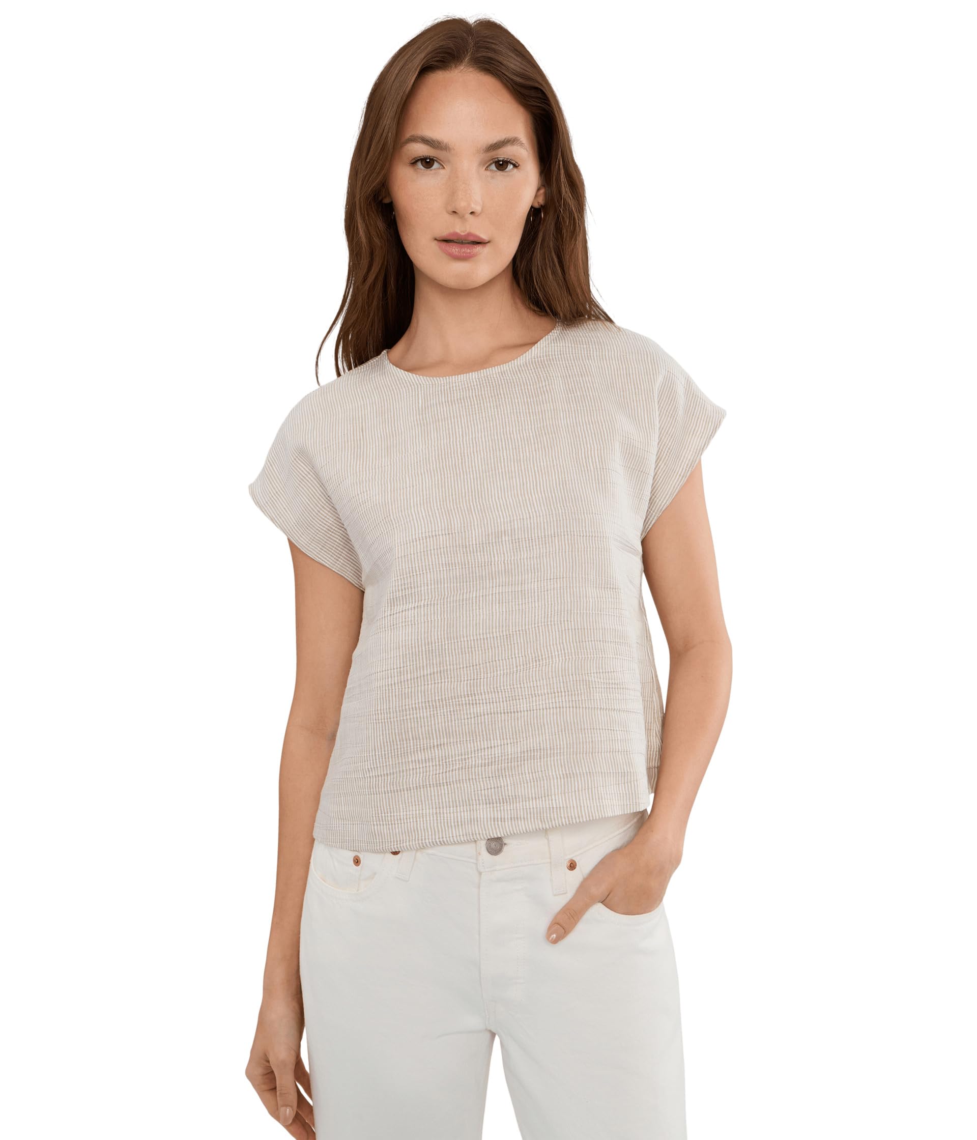 Eileen Fisher Petite Striped Organic Linen Sheen Round Neck Top Женский