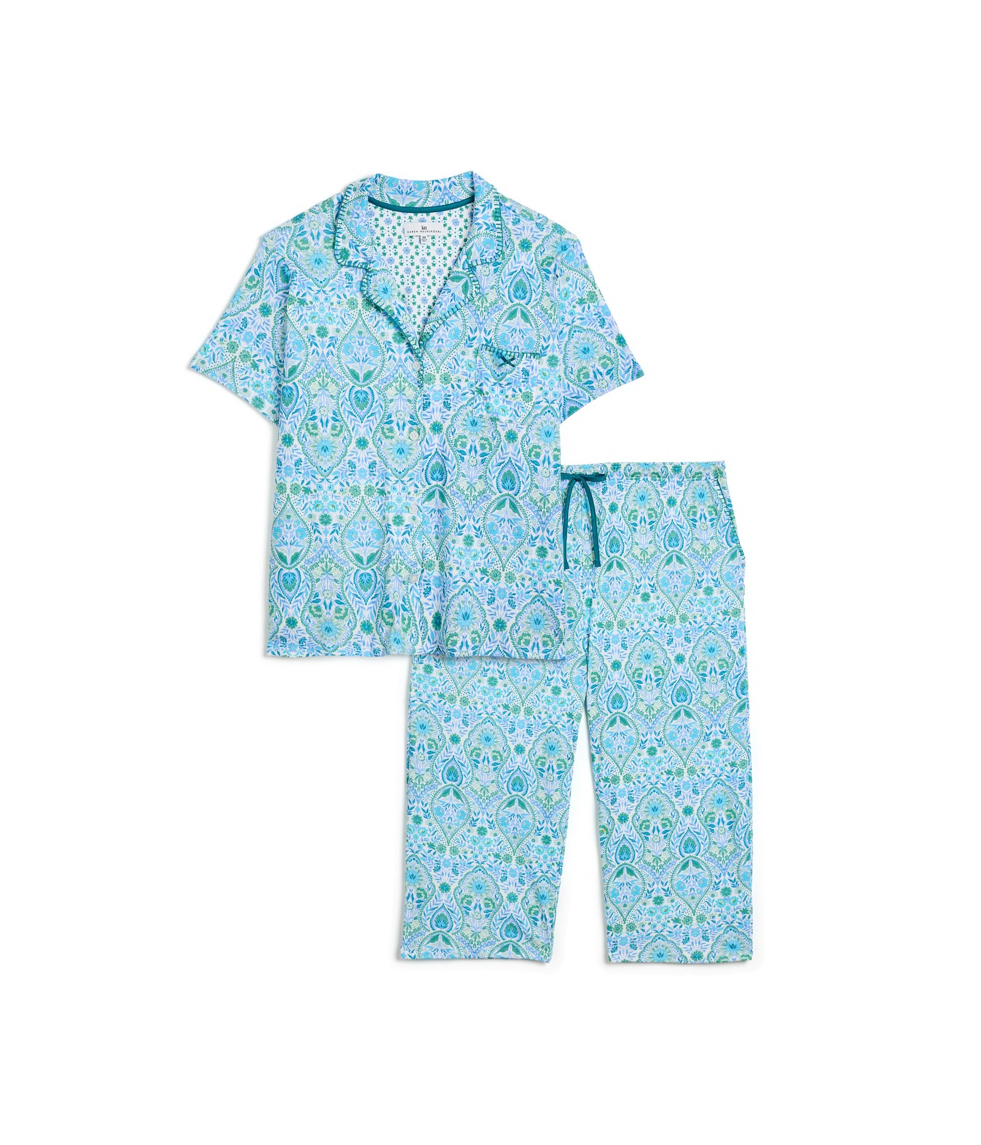 Plus Size Short Sleeve Notch Top & Capri Pajama Set