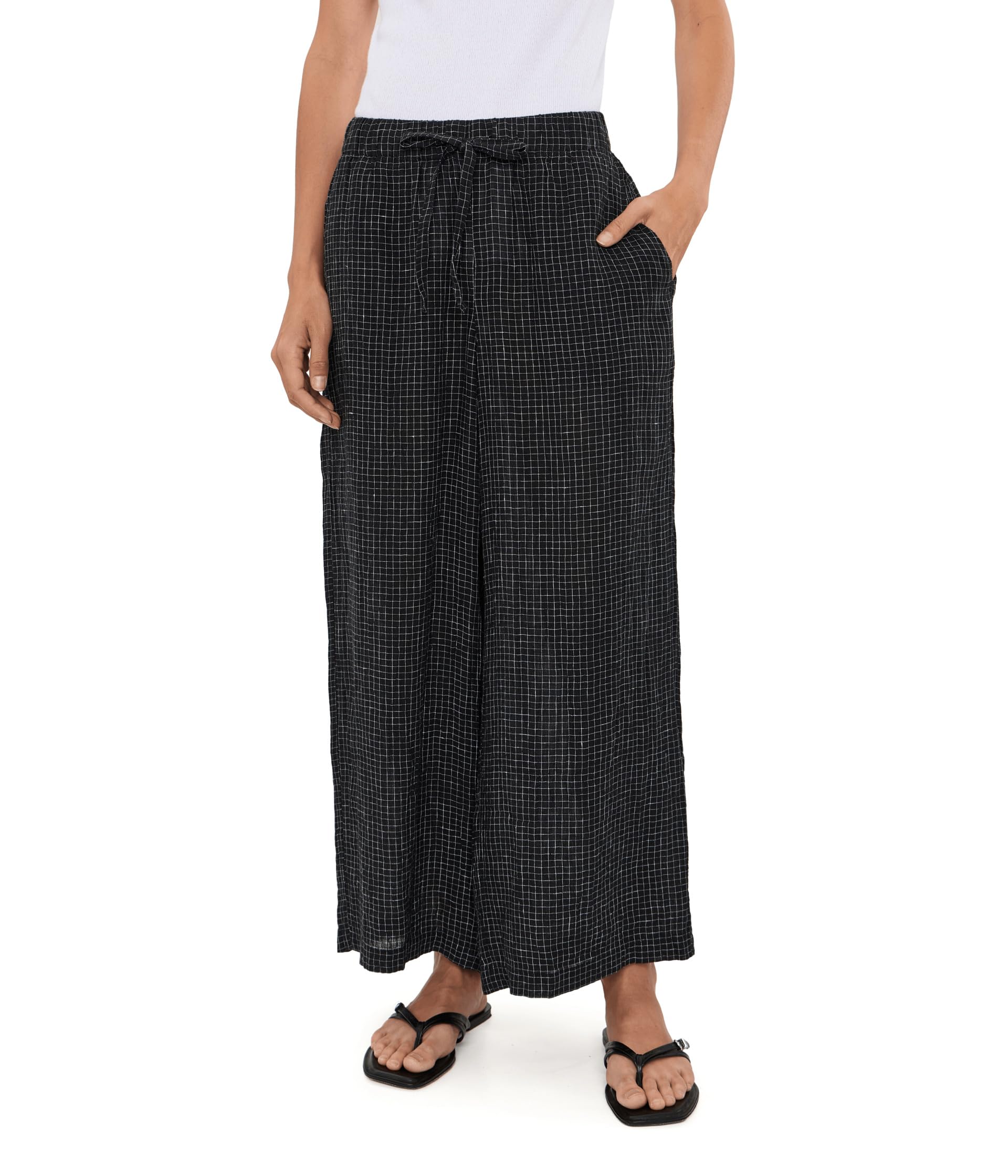 Petite Puckered Organic Linen Grid Wide Ankle Pants