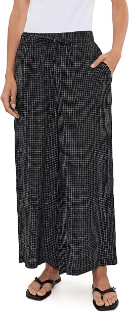Petite Puckered Organic Linen Grid Wide Ankle Pants