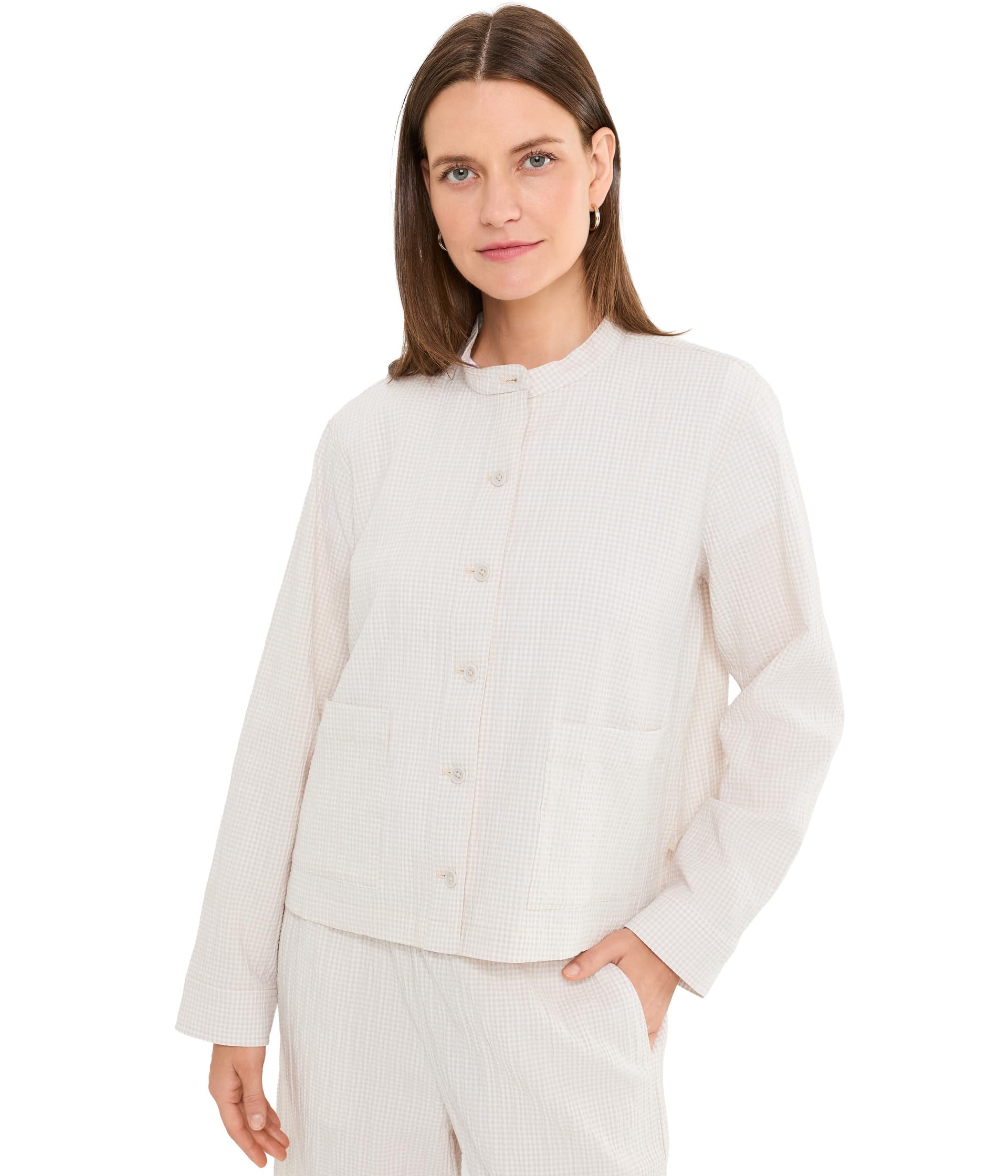 Organic Cotton Pucker Check Mandarin Collar Jacket