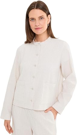 Organic Cotton Pucker Check Mandarin Collar Jacket