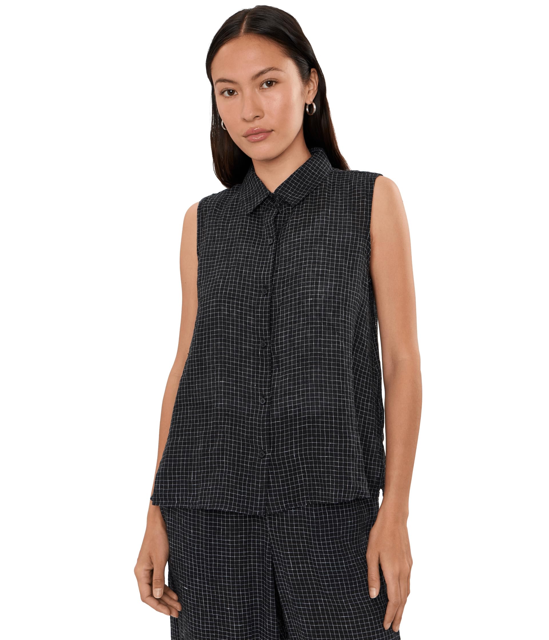 Petite Puckered Organic Linen Grid классическая рубашка