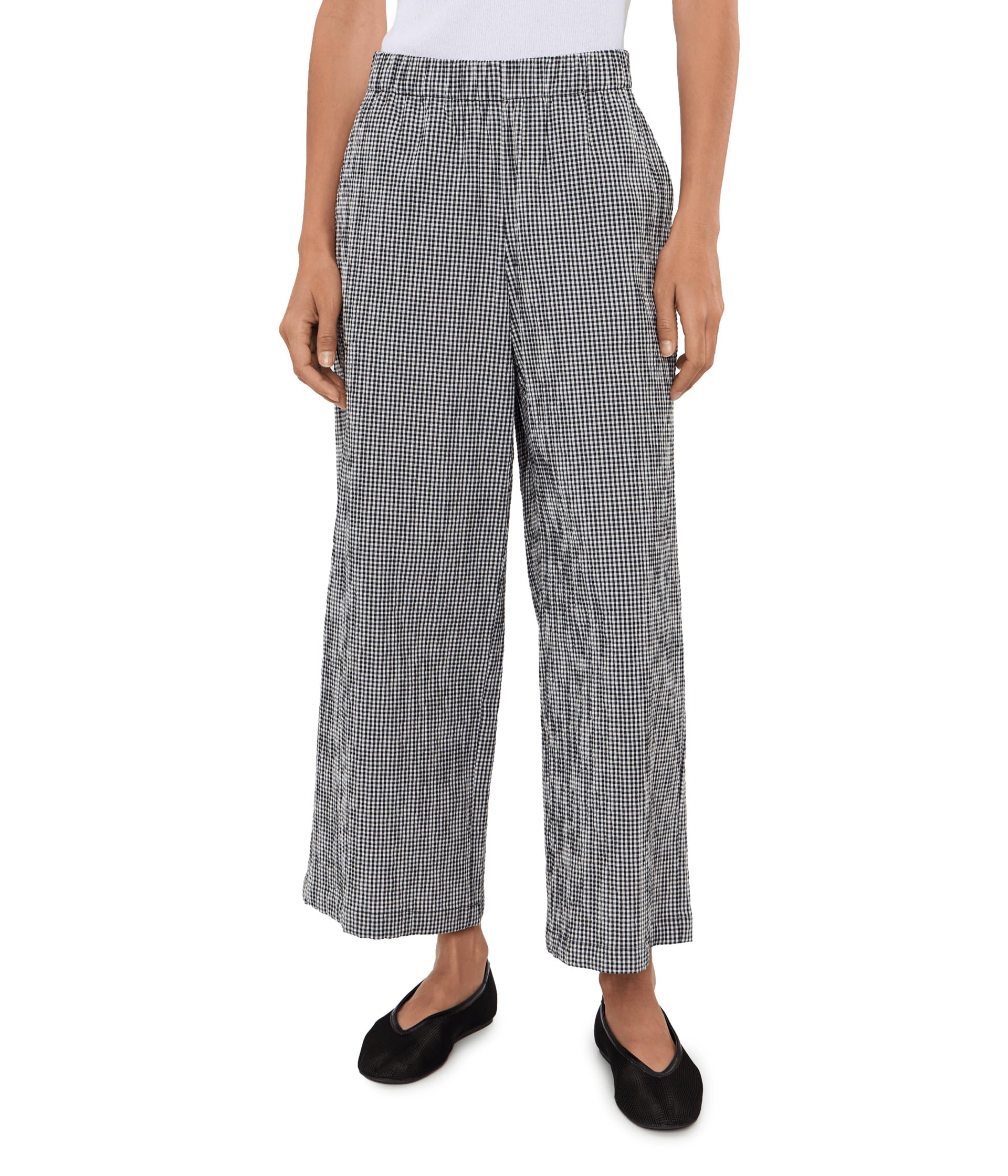 Petite Organic Cotton Pucker Check Ankle Wide Pants