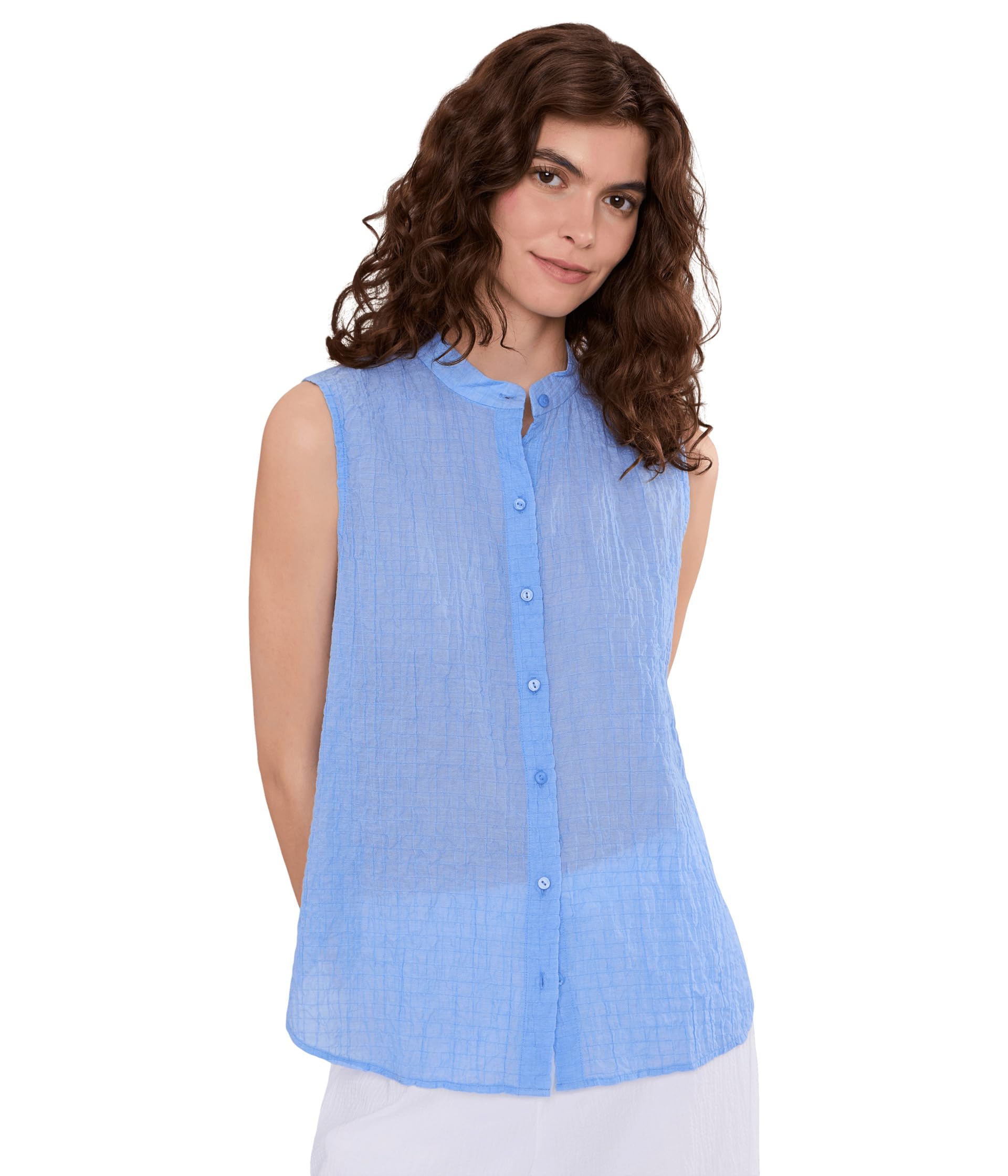Мужская рубашка Eileen Fisher Cotton Microstripe Pucker Mandarin Collar