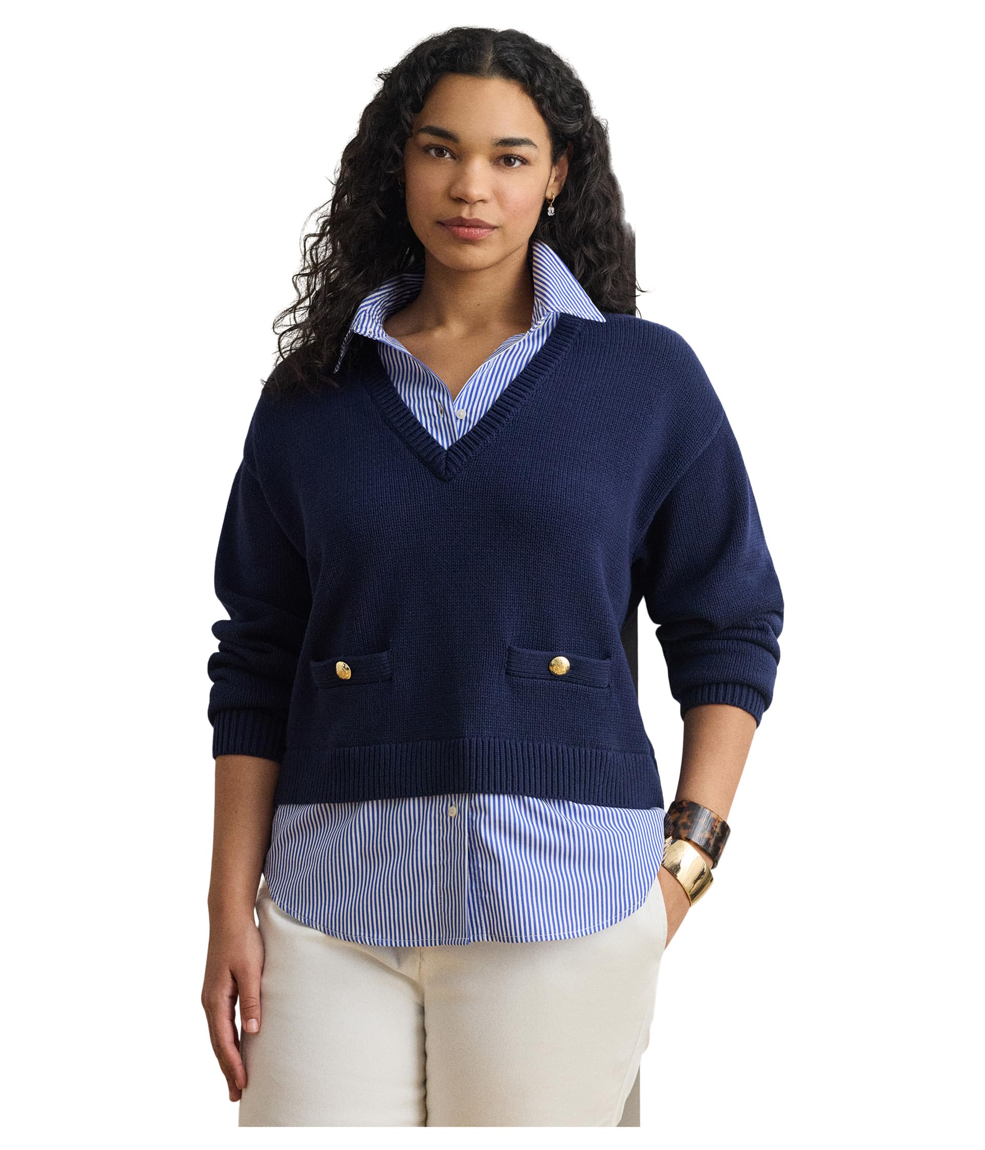 Plus Size Layered Button-Trim Cotton Sweater