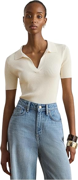 Rib-Knit Short-Sleeve Polo Sweater