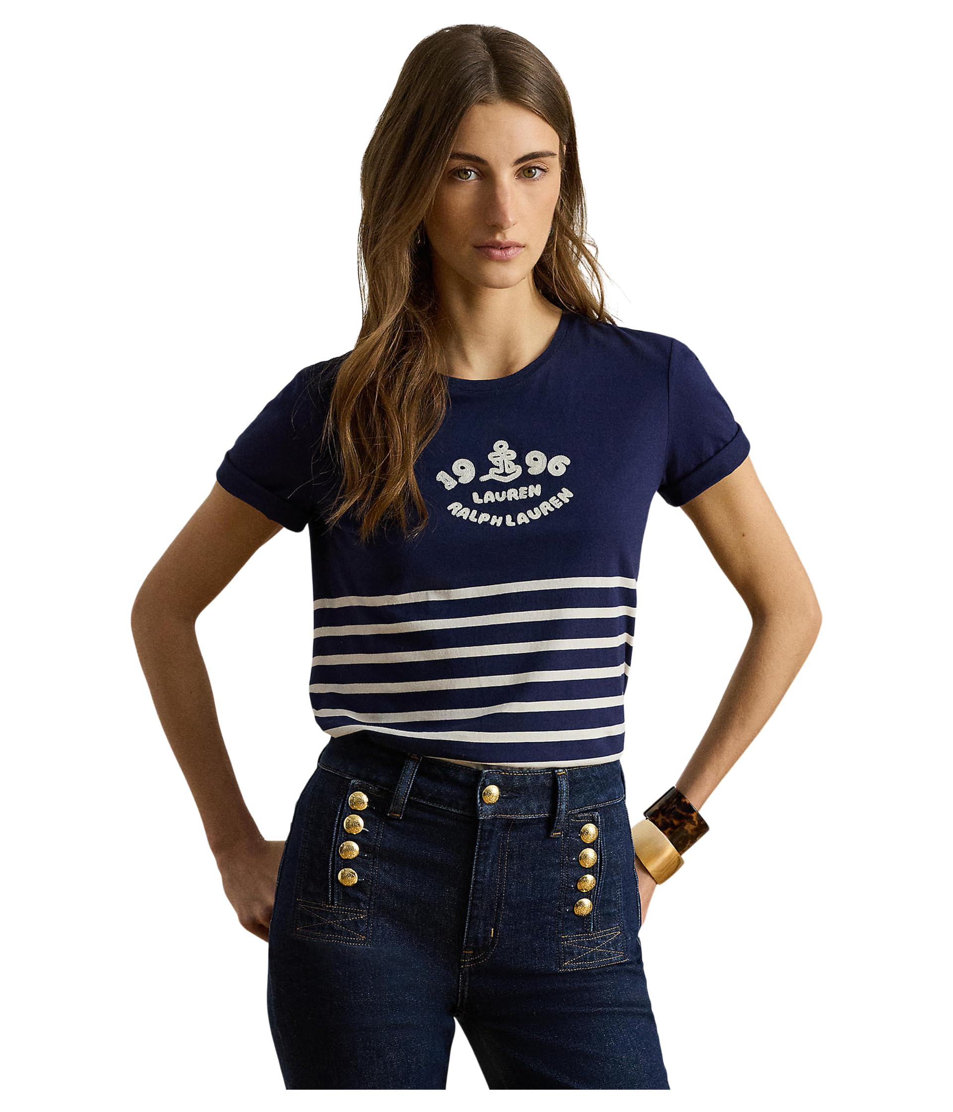 Striped Embroidered-Logo Jersey Tee