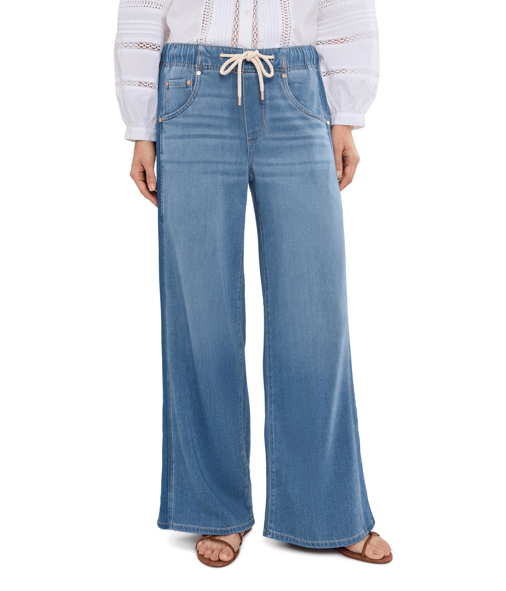 Mid-Rise Tie Front Shadow Stripe Pull-on Wide Leg Jeans 30" Inseam