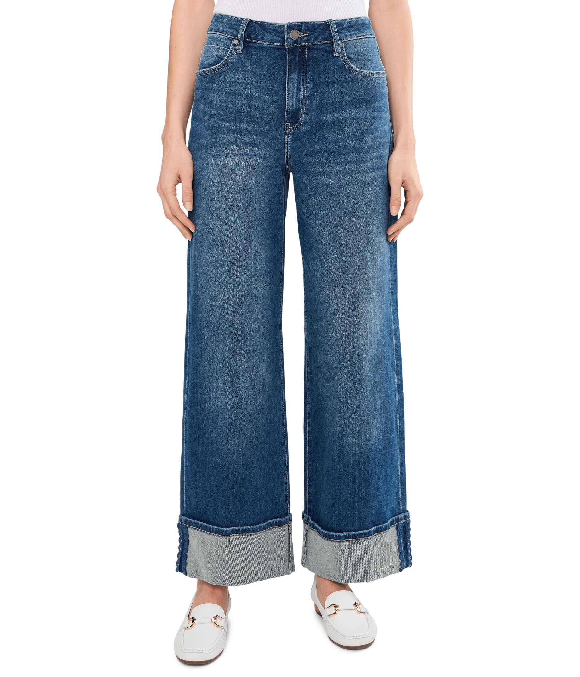 Morgan Mid-Rise Cuffed Crop Wide Leg Jeans With Trim 30" Inseam