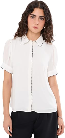 Collared Contrast Stitch Trim Button Up Top