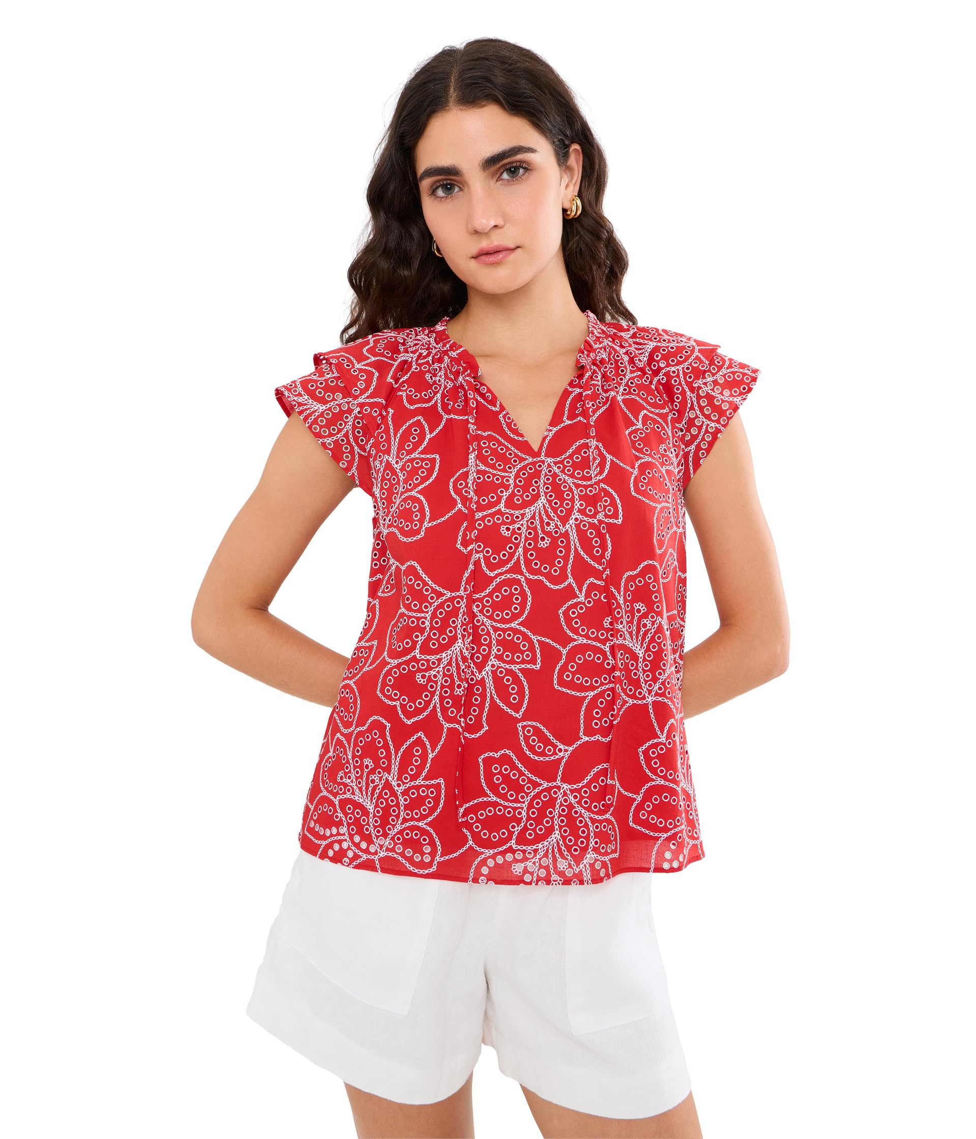 Женский топ Flutter Sleeve Puff Embrodiery Tie Neck