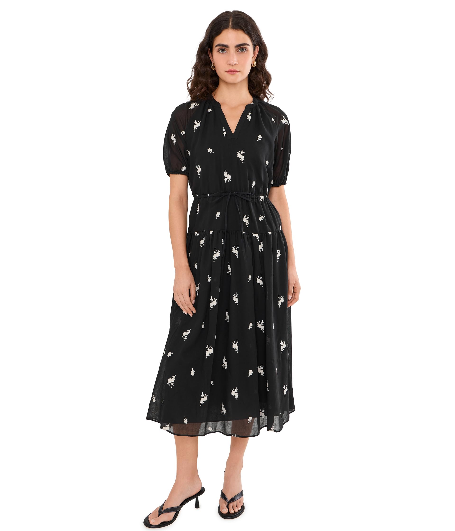 Embrodiery Linen Puff Sleeve Tie Waist Midi Dress