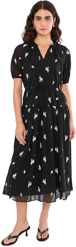 Embrodiery Linen Puff Sleeve Tie Waist Midi Dress