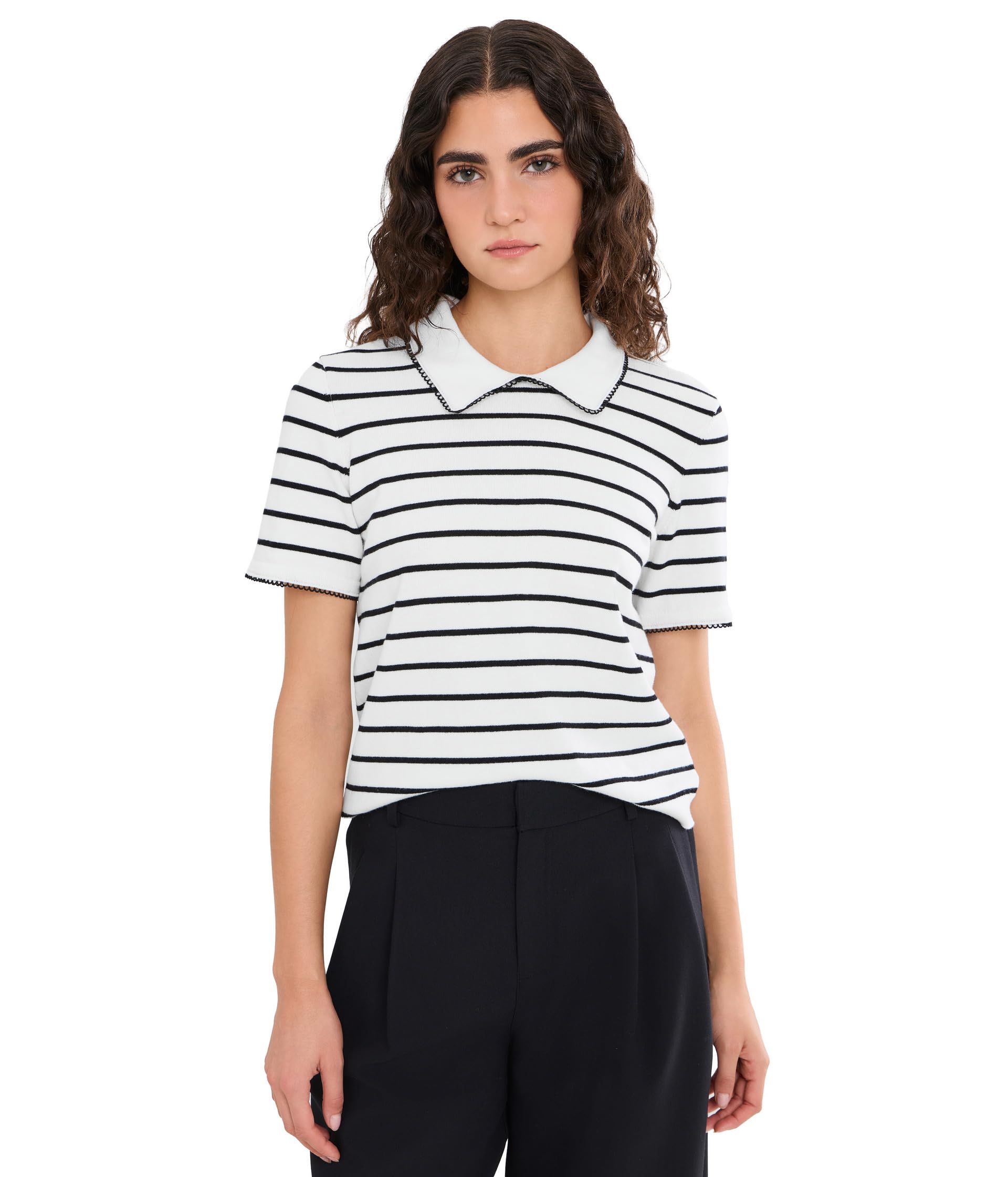 Short Sleeve Stripe Collared Sweater