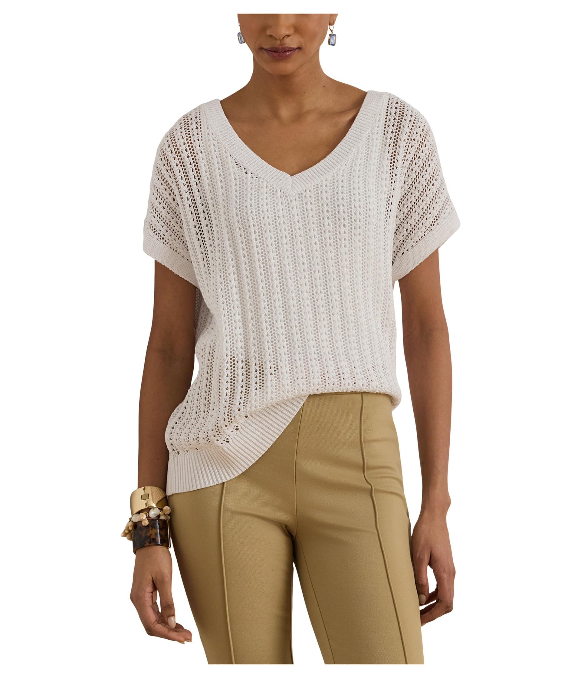 Petite Cotton-Blend Mesh Short Sleeve Sweater