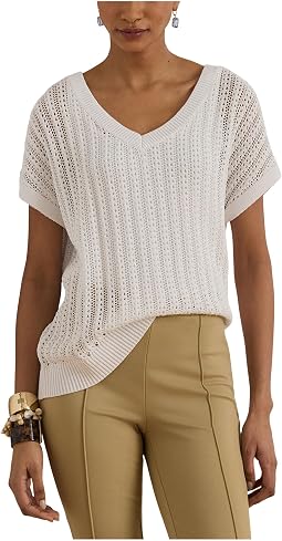 Petite Cotton-Blend Mesh Short Sleeve Sweater