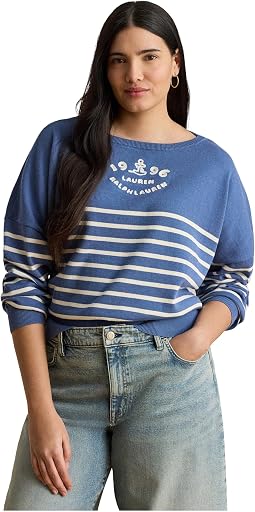 Plus Size Logo Striped Cotton Boatneck Sweater
