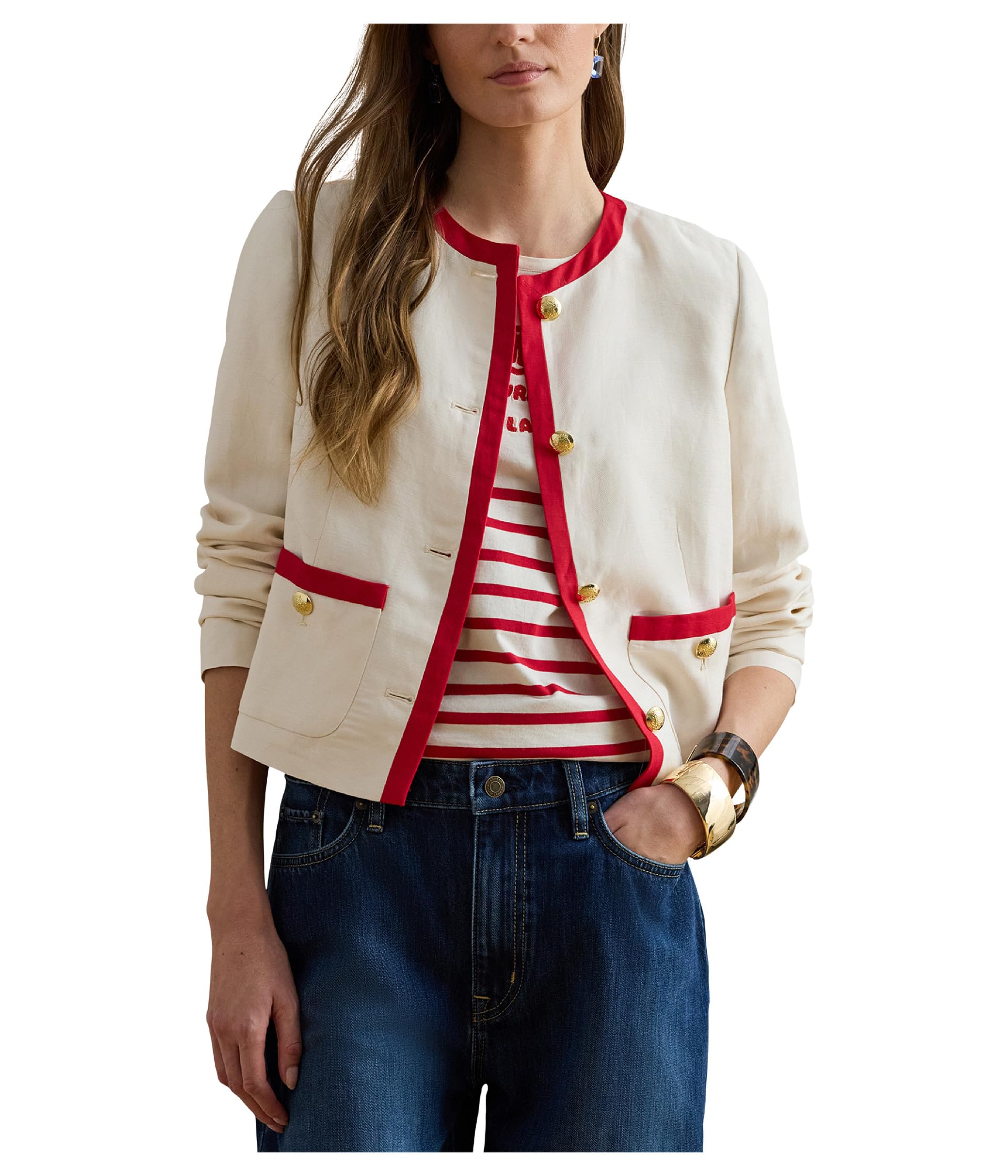 Petite Two-Tone Linen-Blend Twill Blazer