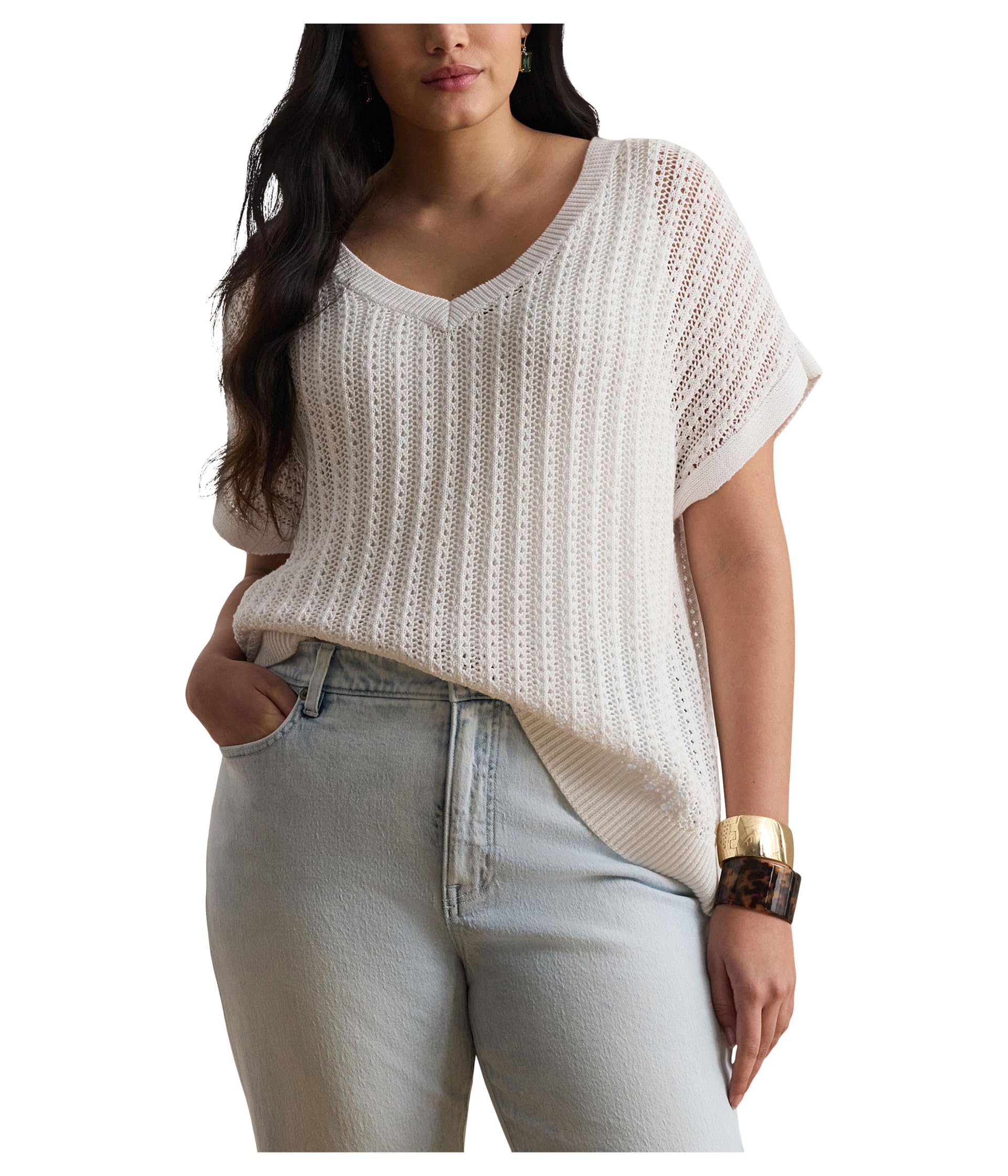 Plus Size Cotton-blend Mesh Short Sleeve Sweater