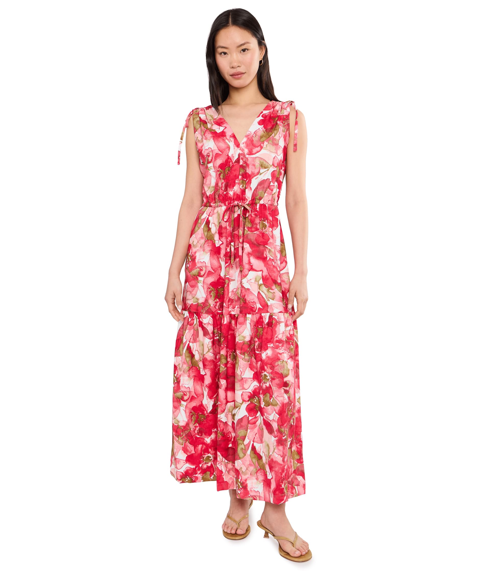 Sleeveless Dot Crepe Floral Drawstring Midi Dress