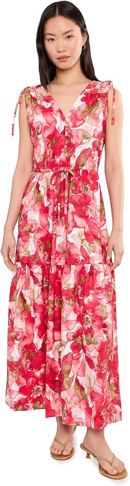 Sleeveless Dot Crepe Floral Drawstring Midi Dress