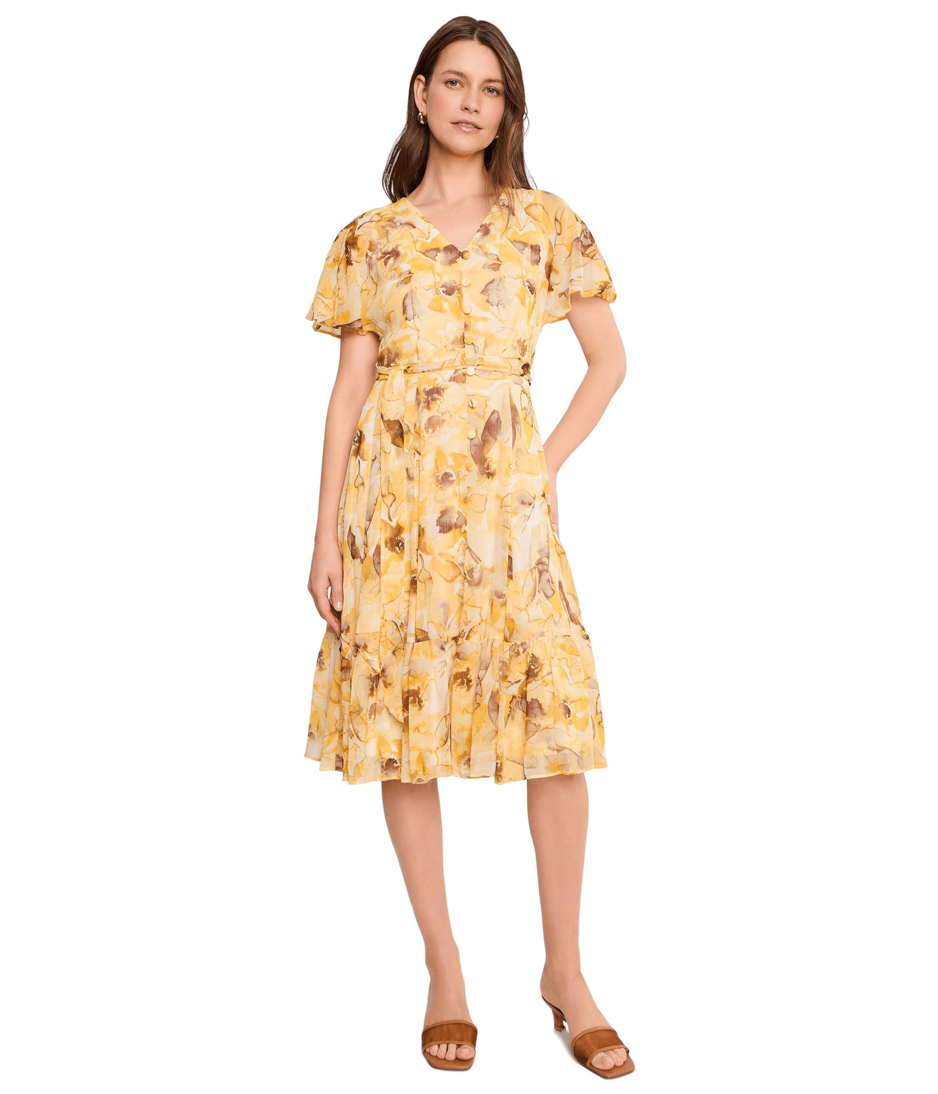 Sleeve Short Floral Self Tie Dress