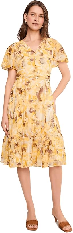 Sleeve Short Floral Self Tie Dress