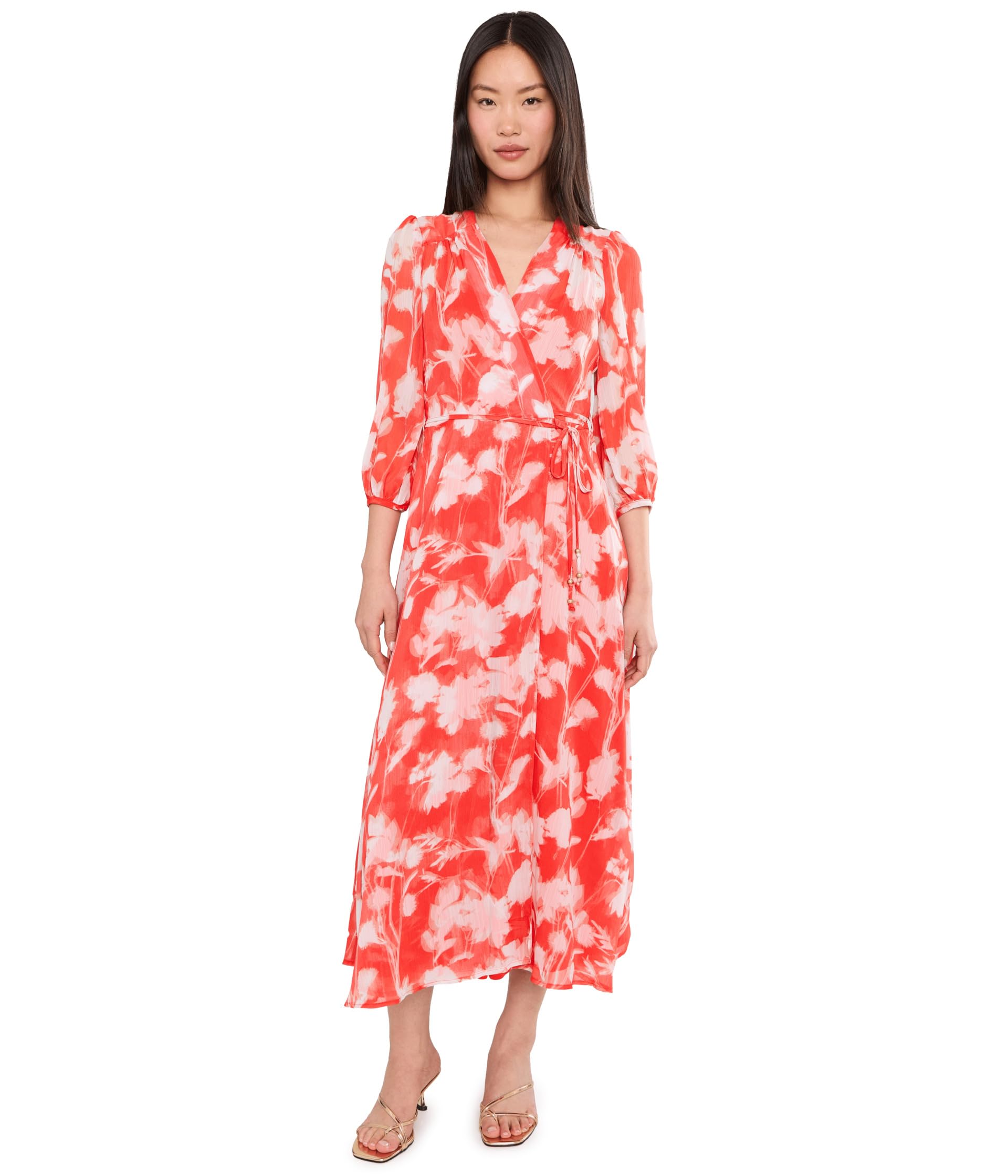 Платье midi Calvin Klein Long Sleeve Floral Chiffon Self Tie