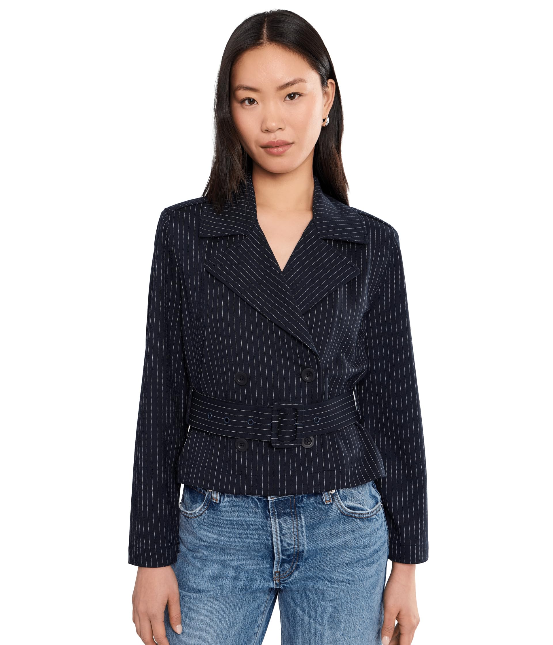 Petite Cropped Pinstripe Trench Jacket With Belt