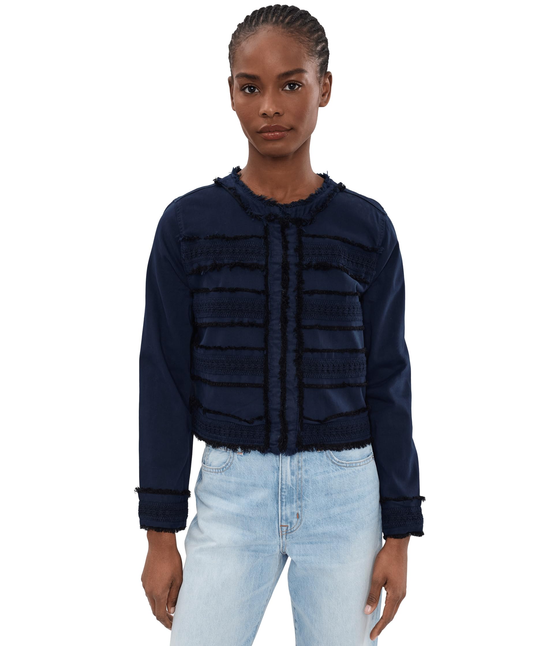 Petite Soft Touch Twill Collarless Jacket With Fray & Lace