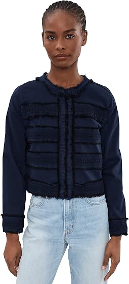 Petite Soft Touch Twill Collarless Jacket With Fray & Lace