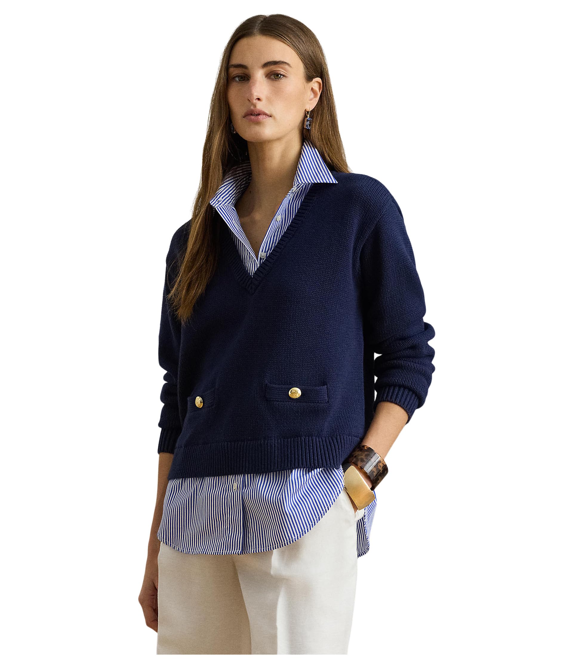 Layered Button-Trim Cotton Sweater
